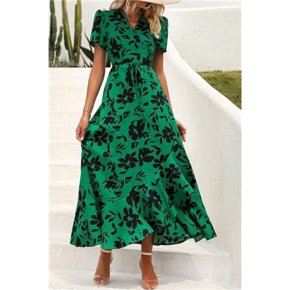 PRETTYGARDEN Women's Summer Wrap Maxi Dress Casual Boho Floral V Neck Short - Picture 6 of 7